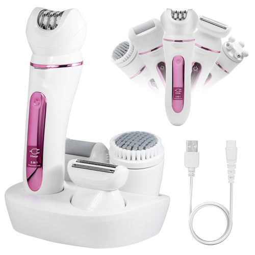1Pc 5 In 1 Electric Body Epilator Rechargeable Women's Grooming Kit Epilator Shaver Facial Brush Callus Remover 5 Point Massager With LED Light LED Display Charging Base