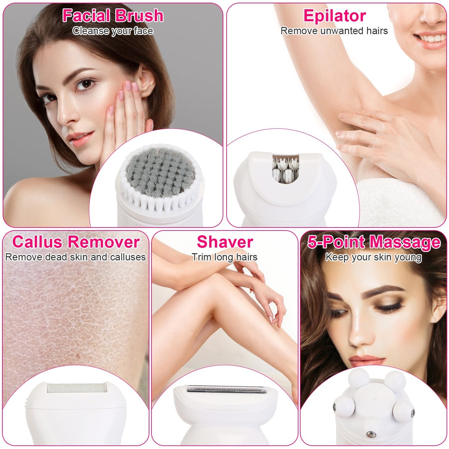 1Pc 5 In 1 Electric Body Epilator Rechargeable Women's Grooming Kit Epilator Shaver Facial Brush Callus Remover 5 Point Massager With LED Light LED Display Charging Base