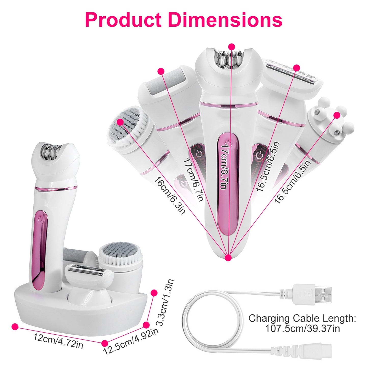 1Pc 5 In 1 Electric Body Epilator Rechargeable Women's Grooming Kit Epilator Shaver Facial Brush Callus Remover 5 Point Massager With LED Light LED Display Charging Base